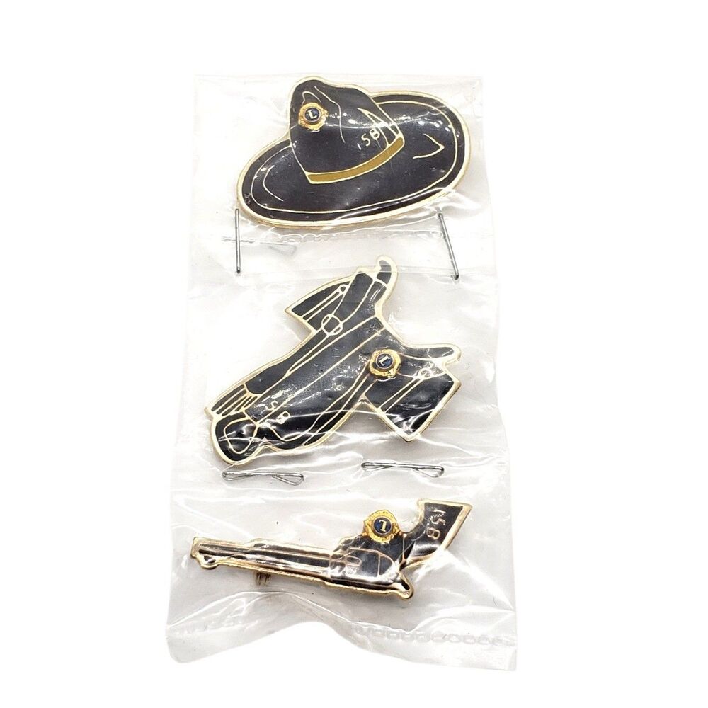 Vintage Lions Club Lapel Pin Set Western Cowboy Hat Saddle Gun Black & Gold NIP